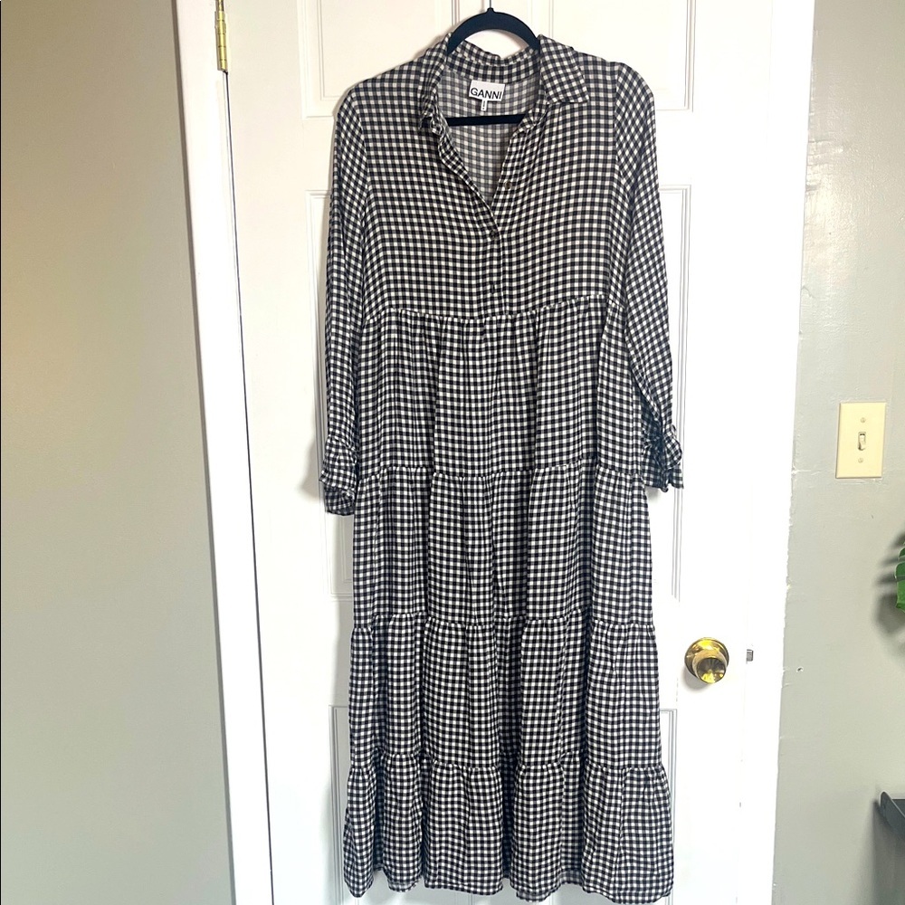Ganni Printed Gingham Crepe Boho Maxi Dress Black/White Size 36